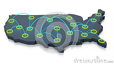 Network of travel points on usa map. 3D illustration Cartoon Illustration