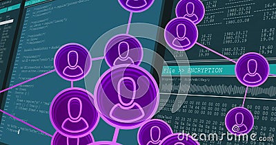 Network of user icons and encryption process image over computer code Stock Photo