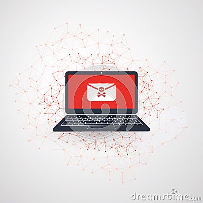 Network Vulnerability - Virus, Malware, Ransomware, Fraud, Spam, Phishing, Email Scam, Hacker Attack Causes Error, Failure Vector Illustration