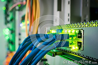 The network wires are connected to the managed switch. Green indication on ports of Internet equipment. A bunch of blue patchcords Stock Photo
