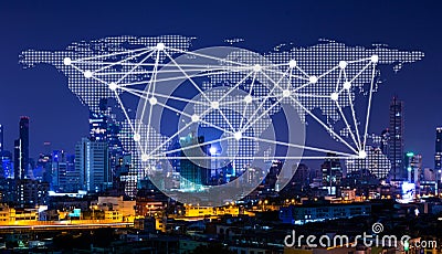 Network and world map on city,networking concept,Technology and network connection communication concept Stock Photo