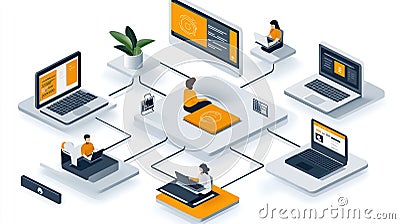 Networked computers with people working remotely. Multiple laptops and desktops connected by network lines. Illustrates a Stock Photo