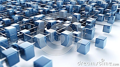 Networked Reflections: Small Metallic Blue Cubes Uniting in a 3D Network Cartoon Illustration