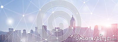 Networking fast wireless internet concept iot network telecommunication 5g website header double exposure city skyline Stock Photo