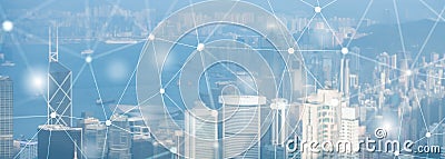 Networking fast wireless internet concept iot network telecommunication 5g website header double exposure city skyline Stock Photo