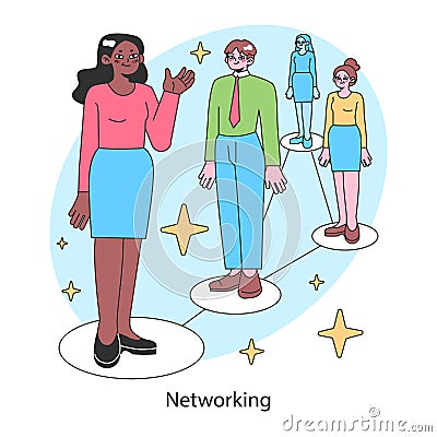 Networking. Female business character building professional connections Vector Illustration