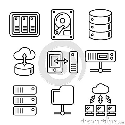 Networking File Share and NAS Server Icons Set. Line Style Vector Vector Illustration
