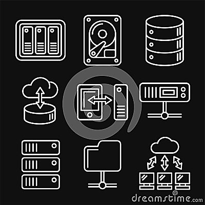 Networking File Share and NAS Server Icons Set. Line Style Vector Cartoon Illustration