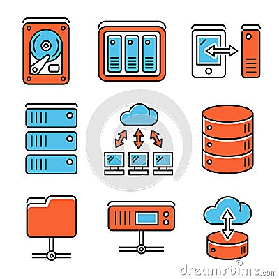 Networking File Share and NAS Server Icons Set. Vector Vector Illustration
