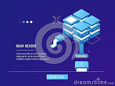 Networking, internet connection, server room rack, data center, cloud storage, file share isometric Vector Illustration