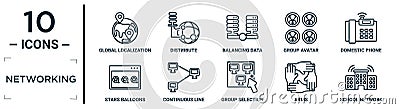 networking linear icon set. includes thin line global localization, balancing data, domestic phone, continuous line, arms, school Vector Illustration