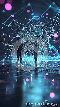 Networking scene with abstract encryption symbols and neural network-inspired art. Stock Photo