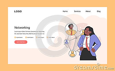 Networking web or landing. Female business character building professional Vector Illustration