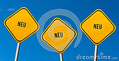 Neu - yellow signs with blue sky Stock Photo