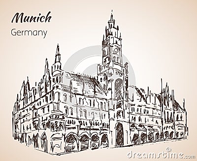 Neues Rathaus - new Rathaus. Munchen, Germany. Sketch. Vector Illustration