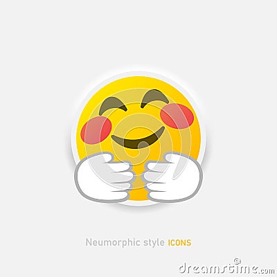Neumorphic emoji vector icon. Positive embrase emoticon in neumorphism style isolated on gray background. Vector EPS 10 Vector Illustration
