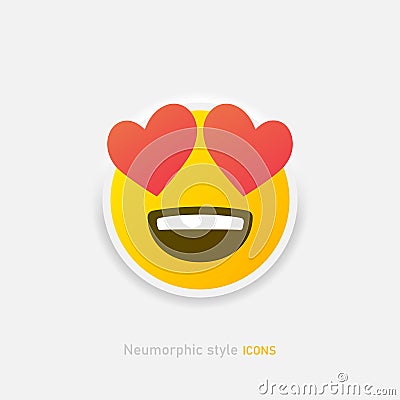 Neumorphic enamored emoji vector icon. Positive love emoticon with hearts in neumorphism style isolated on gray Vector Illustration