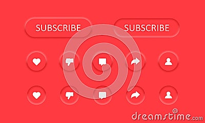Neumorphic social network Buttons Subscribe Like Dislike Comment Share Accounts on abstract red background. Vector Vector Illustration