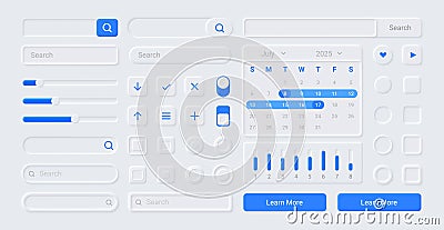 Neumorphic UI kit. Screen buttons. Search forms and icons for web application or infographic. Calendar and indicators templates. Vector Illustration