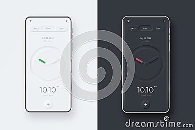 Neumorphic UI kit on smartphone screen. Clock on black and white smartphone template. Mobile interface app. UI template Vector Illustration