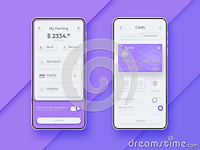 Neumorphic UI kit on smartphone screen. Mobile payment smartphone template. Mobile wallet interface app. UI template Vector Illustration