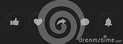 Neumorphism Social Media Buttons Set. Dark Circle Grooved Buttons Bar for Application Interface. Modern Multimedia Vector Illustration