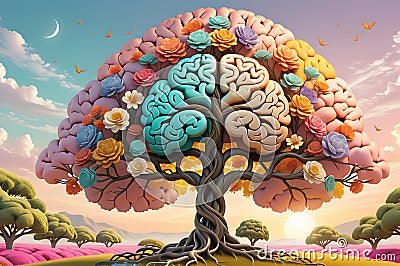 Neural Blossoms: Surreal Illustration of a Human Brain in the Form of a Flourishing Tree with Vibrant Blooms, Symbolizing Growth Cartoon Illustration