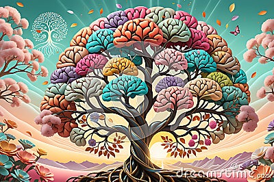 Neural Blossoms: Surreal Illustration of a Human Brain in the Form of a Flourishing Tree with Vibrant Blooms, Symbolizing Growth Cartoon Illustration