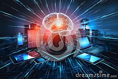 Neural circuit and electronic cyber brain in a quantum computing system, concept of artificial intelligence technology Cartoon Illustration
