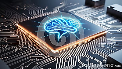 a computer circuit board with a glowing brain image on a processor. Stock Photo