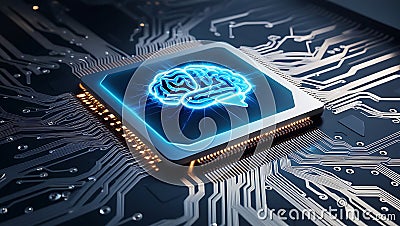 a computer circuit board with a glowing brain image on a processor. Stock Photo