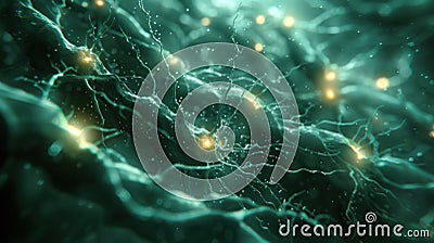 Neural connections illuminated by glowing synapses in a dynamic microscopic environment Stock Photo