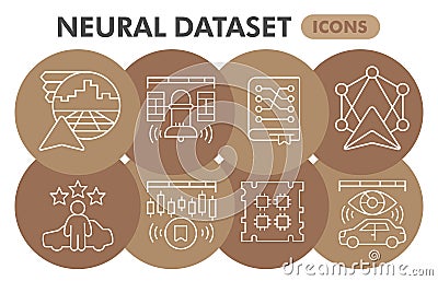Neural dataset symbols collection or sketches, deep learning theme bubbles in thin line style signs for web and app Vector Illustration