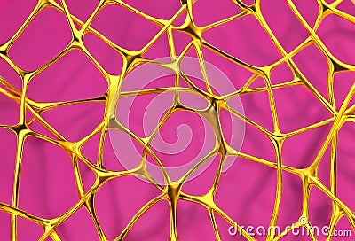 Neural Links Network Abstract background , Minimal futuristic, liquid gold mesh pattern with cells, grid illustration on pink Cartoon Illustration