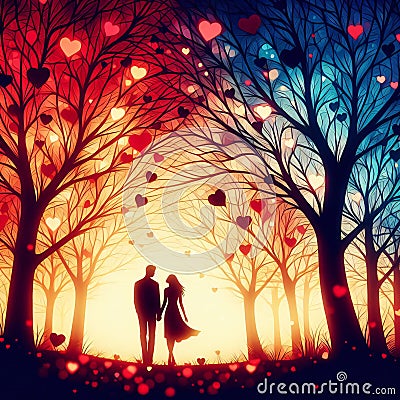 Silhouette Couple Amid Heart-Leafed Trees Background. Generative ai for illustrations Cartoon Illustration