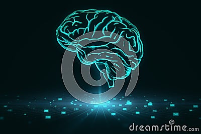Neural network, artificial intelligence and brainstorming idea concept with digital human brain with convolutions on dark Stock Photo