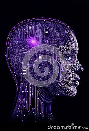 Neural network of big data and artificial intelligence circuit board in the head and face of a woman outlining concepts of a Cartoon Illustration
