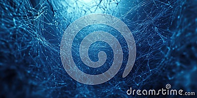 Neural Network in Blue: Abstract Lines and Nodes Interconnect in a Dark, Luminous Space, Suggesting Complex Connections Stock Photo