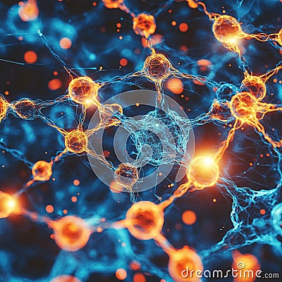 Neural Network, Brain Activity, Synapses, Neuron Connection, Abstract Background, Blue and Orange. Stock Photo