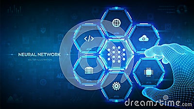 Neural network concept. AI. Artificial Intelligence. Machine Learning. Deep learning. Big data. Wireframe hand places an element Vector Illustration
