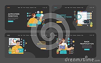 Neural Network dark or night mode web or landing set. Machine learning Vector Illustration