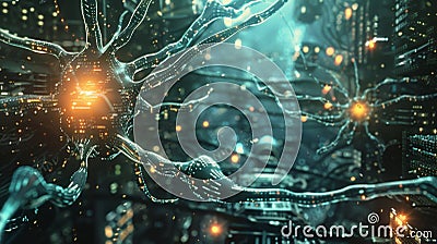 A neural network diagram illustrating how artificial synapses can be used to enhance braincomputer interface technology. Stock Photo
