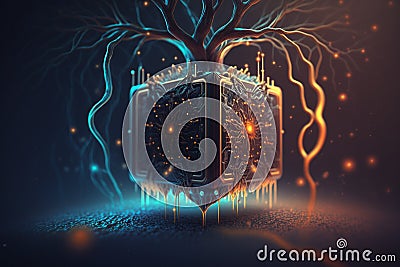 Neural network with glowing bioluminescence. The image represents the futuristic idea of a direct neural interface between the Stock Photo