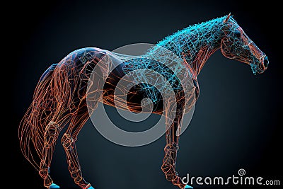 Neural network of a horse with big data and artificial intelligence circuit board in the body of the equine animal Cartoon Illustration