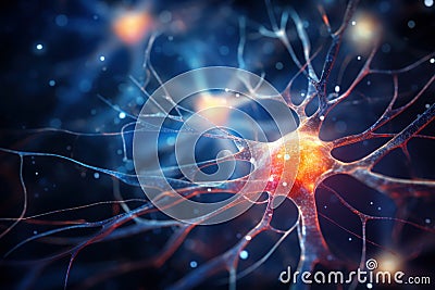 Neural network macro view, nerve cell with dendrites, neuron close-up Stock Photo