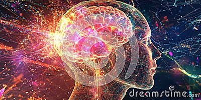 The Neural Network: A mesmerizing visualization of a neural network, where intricate connections and glowing synapses form a Stock Photo