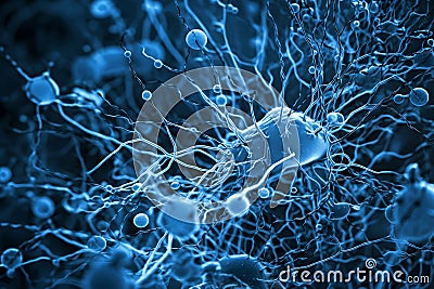 Neural network of neuron cells illustration. Microscopic view of brain cells. Generative ai Stock Photo