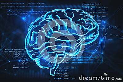 Neural network and scientific technology concept with digital glowing blue human brain with convolutions on dark technological Stock Photo