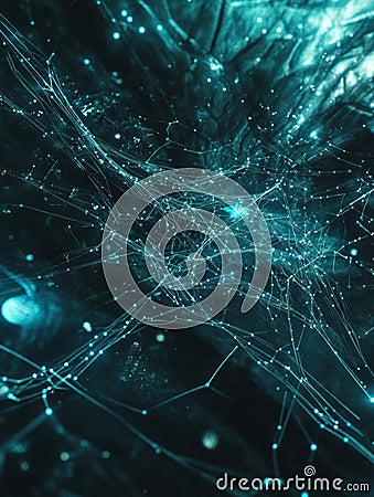 Neural network visualization depicting interconnected nodes in a complex digital web network Stock Photo