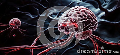 Neural Network Visualization with Glowing Brain and Neurons, Intricate Red and Black Background, Abstract Representation Stock Photo